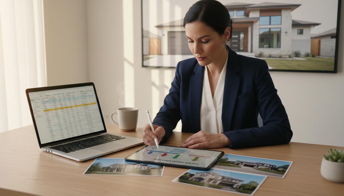 Realtor reviewing comparable sales data and pricing charts on a laptop to determine home value