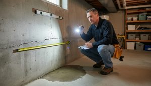 Home inspector examining cracked concrete foundation in basement with flashlight