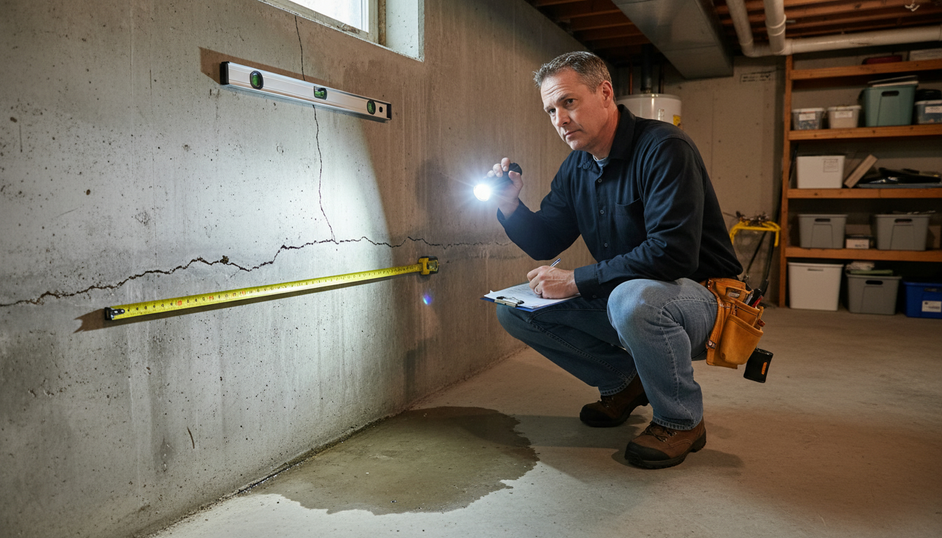 Home inspector examining cracked concrete foundation in basement with flashlight