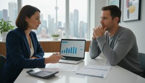 Mortgage expert explaining blended mortgage rates at desk with calculator and charts