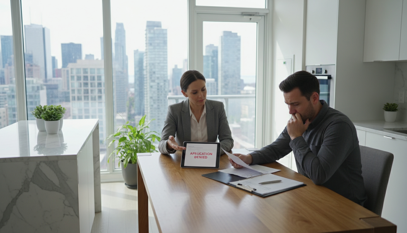 Realtor advising buyer about mortgage financing contingency and denied loan documents at a kitchen table in a modern home.