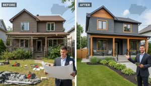 Before-and-after Ontario house renovation showing worn exterior on left and modern renovated exterior on right with agent reviewing blueprints.