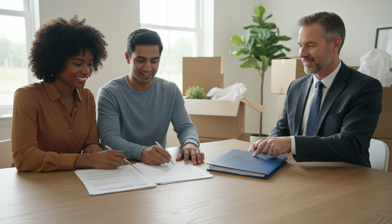New homeowners signing home insurance documents with moving boxes in the background
