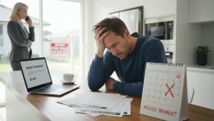 Home seller at table with mortgage documents and realtor on phone, missed payment on calendar