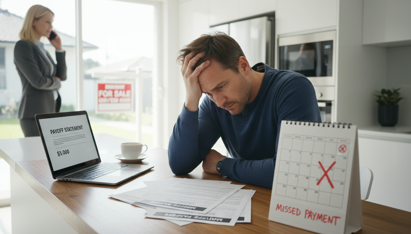 Home seller at table with mortgage documents and realtor on phone, missed payment on calendar
