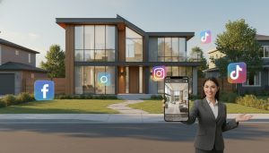 Realtor showing a property video on a smartphone with social media icons around a modern suburban home