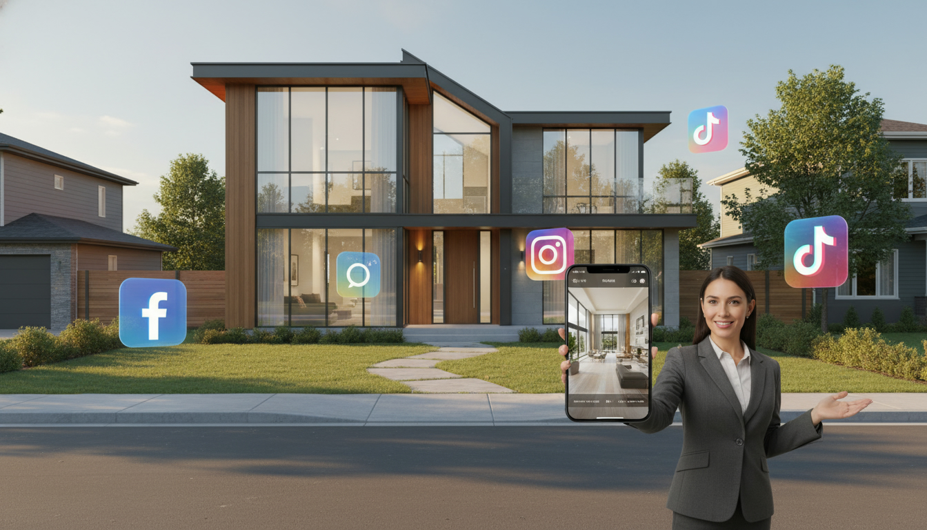 Realtor showing a property video on a smartphone with social media icons around a modern suburban home