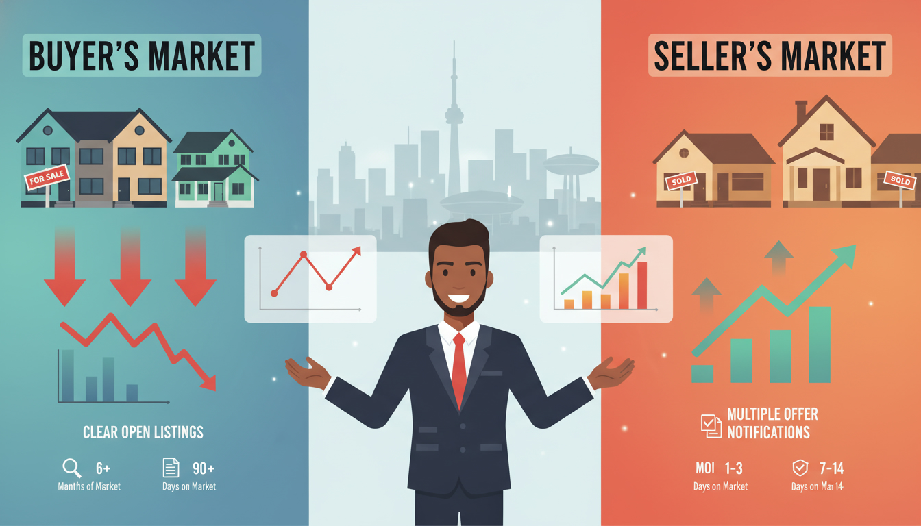 Infographic showing buyer's market versus seller's market with agent and Toronto skyline in background