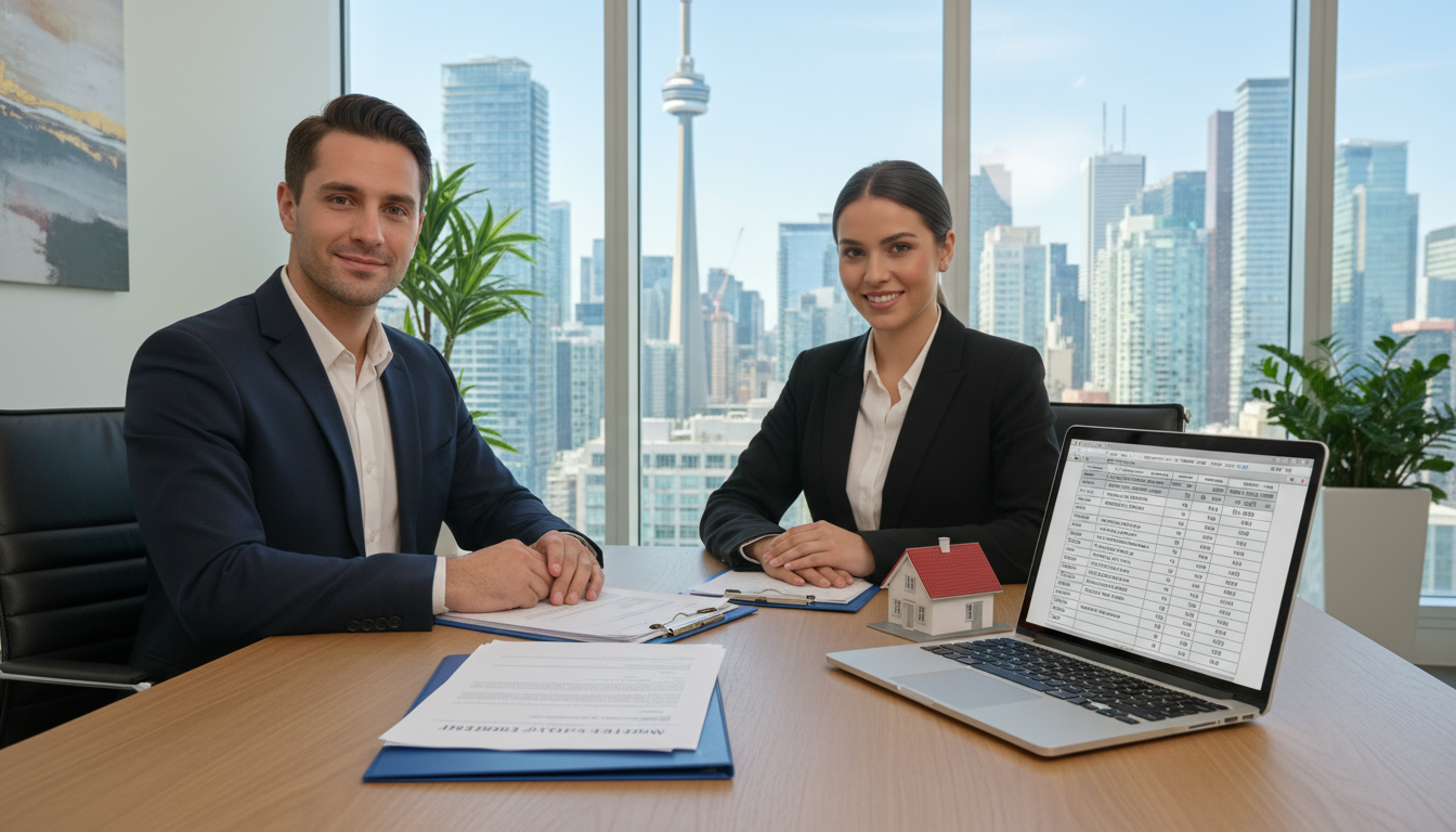 Realtor and homeowner reviewing mortgage payoff statement at closing table with house model and laptop