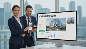 Real estate agent showcasing an online property listing with photos, video, and analytics on laptop and phone