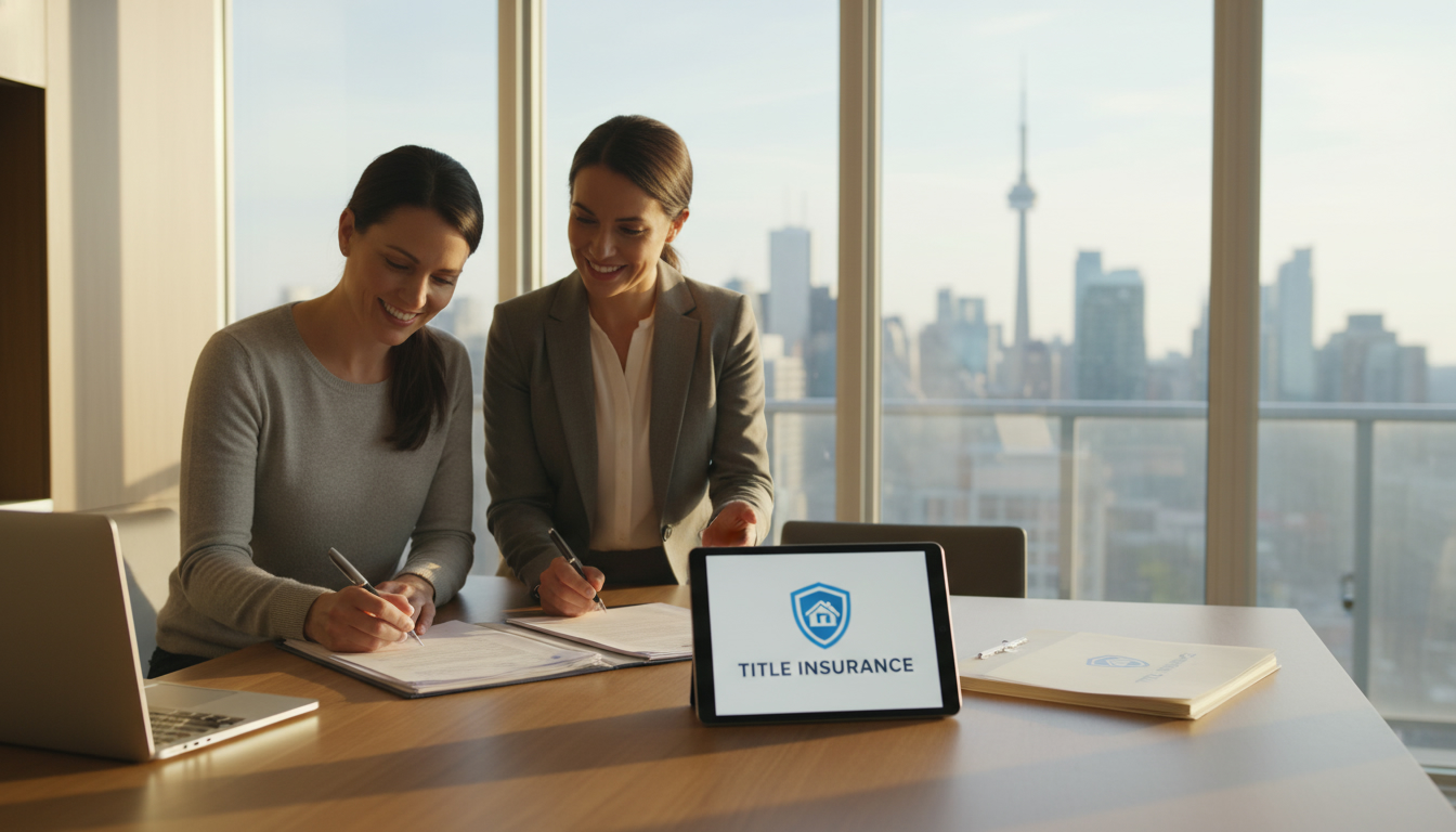 Home buyers signing documents with a visible 'Title Insurance' folder and Toronto skyline in the background