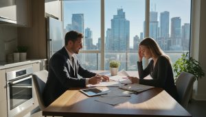 Realtor advising a worried client over a contract at a kitchen table