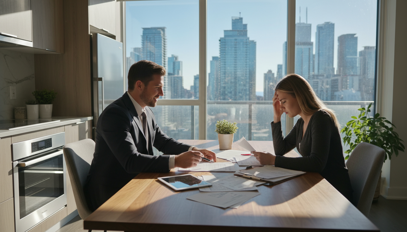 Realtor advising a worried client over a contract at a kitchen table