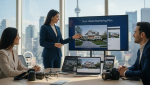 Real estate agent showcasing home marketing materials including photos, video, MLS listing, and social ads with Toronto skyline in background.