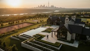 Luxury rural estate with Toronto skyline in the distance, agent showing a couple the property at golden hour.