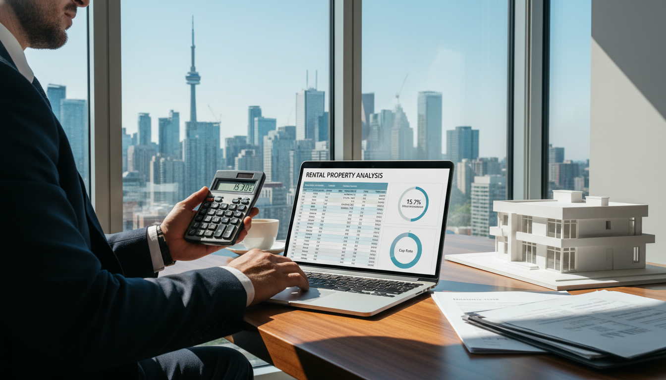 Investor calculating property taxes and ROI with laptop, calculator, and model house on desk