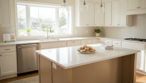 Staged open house kitchen with wrapped cookies on a plate and warm natural light