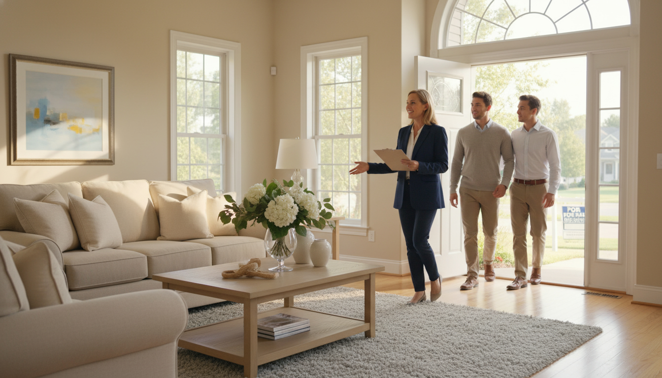 Realtor guiding homeowners out during a staged home showing in a bright living room