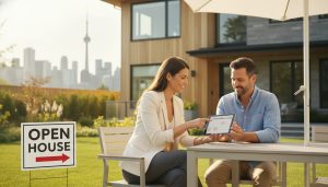 Realtor and homeowner scheduling open house on tablet outside staged home with open house sign
