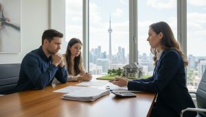 Realtor explaining tax paperwork to homeowners with house model and Toronto skyline in background.