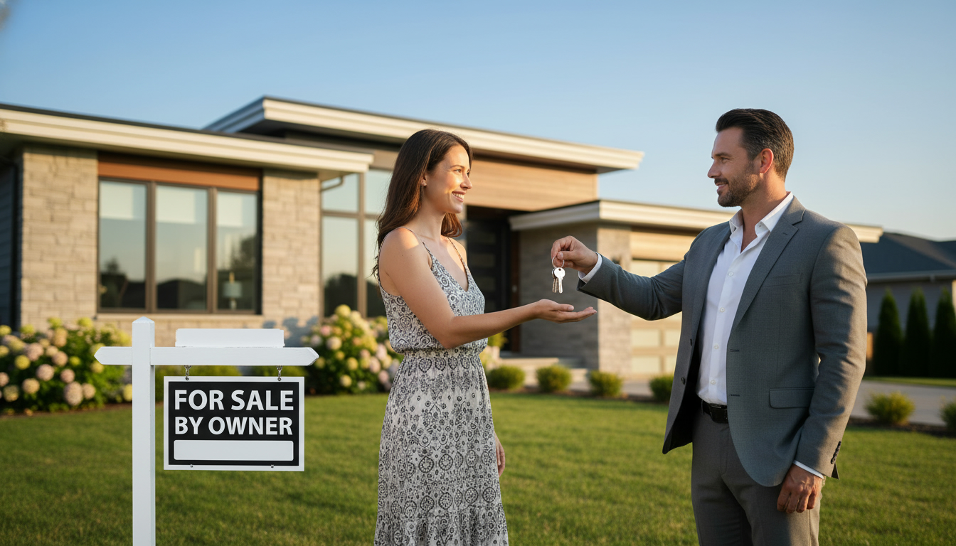 Homeowner receiving keys in front of house with For Sale by Owner sign