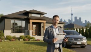 Homeowner in front of Ontario house holding mortgage papers and calculator with Toronto skyline faint in background