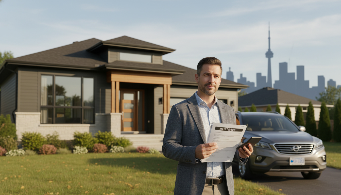 Homeowner in front of Ontario house holding mortgage papers and calculator with Toronto skyline faint in background