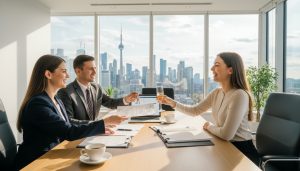 Realtor and lawyer handing deed and keys to buyer during property closing with Toronto skyline visible