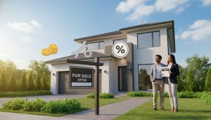 Suburban house with for sale sign and icons showing cash, repair, and percentage to represent seller incentives