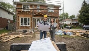 Ontario house under renovation with contractor holding blueprints and a visible building permit document in foreground.