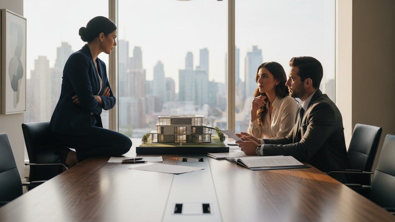 Real estate agent negotiating at table with clients, contracts and house model in view