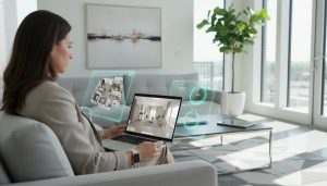 Realtor viewing a 3D virtual tour and floorplan analytics on a laptop in a modern home