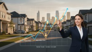 Real estate agent pointing at a graph overlay showing interest rate impact on housing market with neighborhood in background