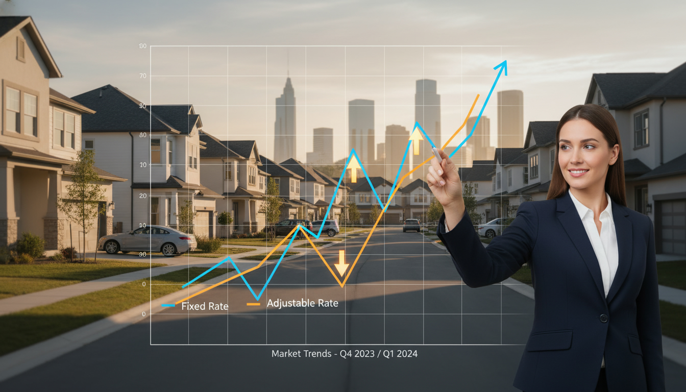 Real estate agent pointing at a graph overlay showing interest rate impact on housing market with neighborhood in background