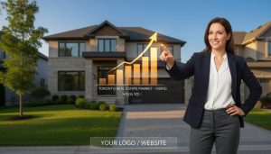 Real estate agent pointing to market chart with a staged house in the background representing timing and market strategy to sell faster without lowering price.