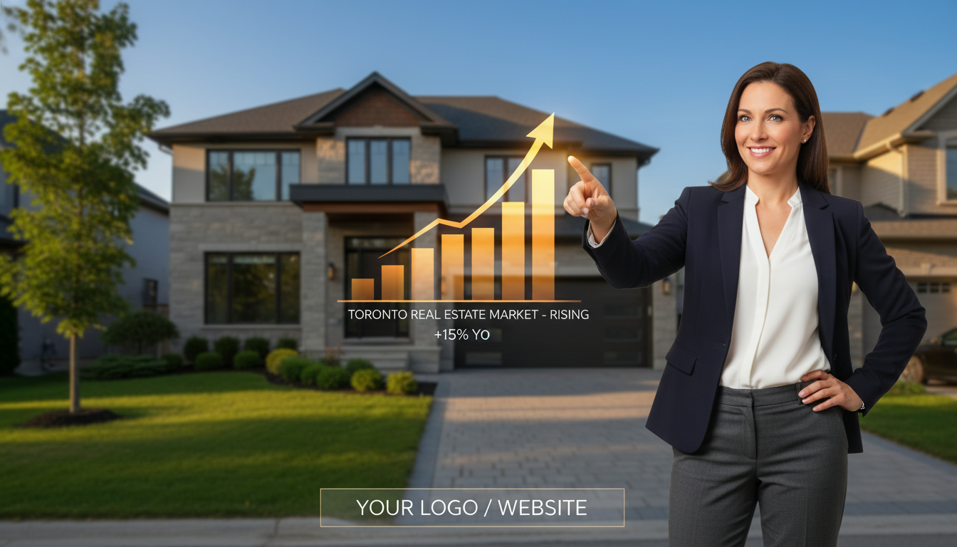 Real estate agent pointing to market chart with a staged house in the background representing timing and market strategy to sell faster without lowering price.