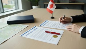 Ontario home buying documents on a table: mortgage pre-approval, ID, checklist, condo status certificate