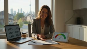 Real estate agent reviewing mortgage documents with credit score gauge and house visible through window
