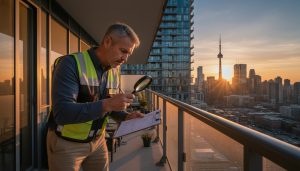 Condo inspector checking balcony with checklist and modern condo building in background