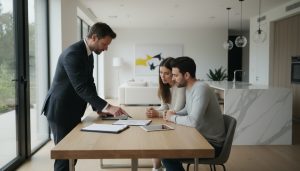 Real estate agent advising buyers over contract and inspection documents in a modern home kitchen.