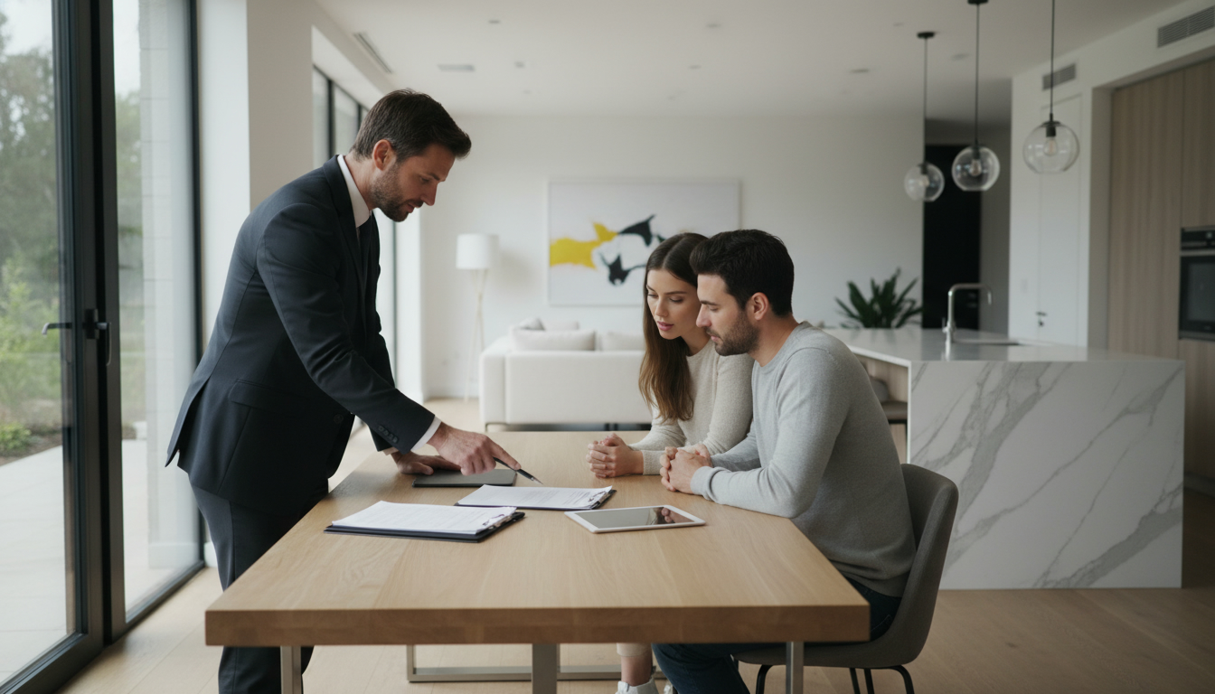 Real estate agent advising buyers over contract and inspection documents in a modern home kitchen.