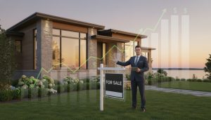 Oakville house for sale with realtor holding a tablet and pricing charts overlay