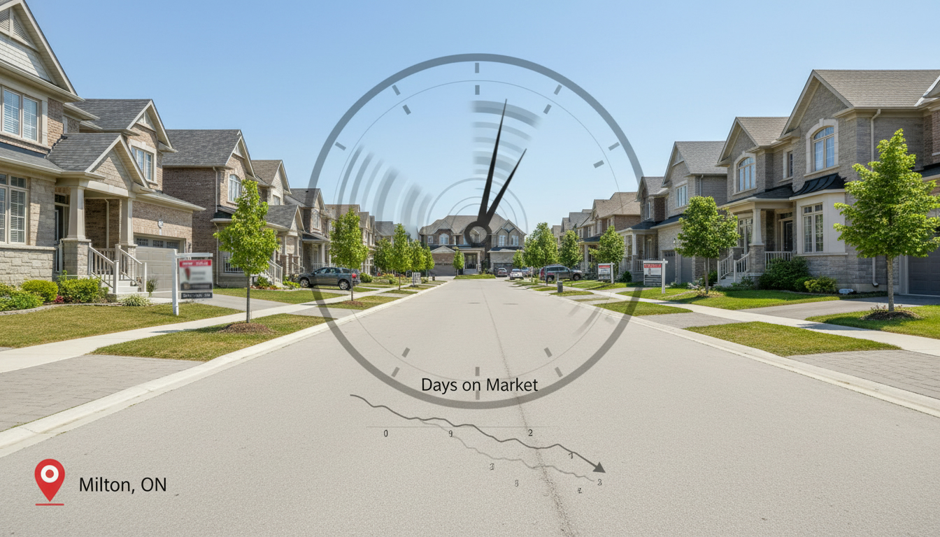 Milton homes with for sale signs and a clock overlay illustrating average selling time