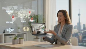 Real estate agent conducting virtual home tour with map pins connecting multiple cities to the property
