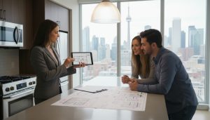 Realtor and buyers reviewing home inspection report in modern kitchen