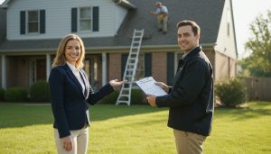 Realtor and home inspector with checklist in front of house while contractor repairs roof.