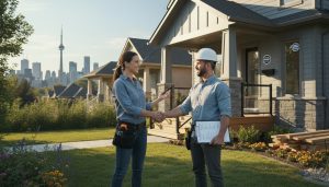 Homeowner shaking hands with contractor in front of Ontario house, clipboard and permit visible