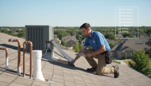 Home inspector examining roof shingles, HVAC condenser and plumbing with a clipboard checklist.