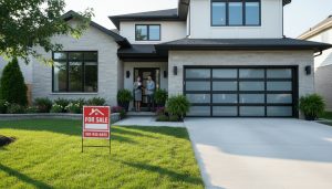 Suburban house with new garage door and for sale sign showing improved curb appeal