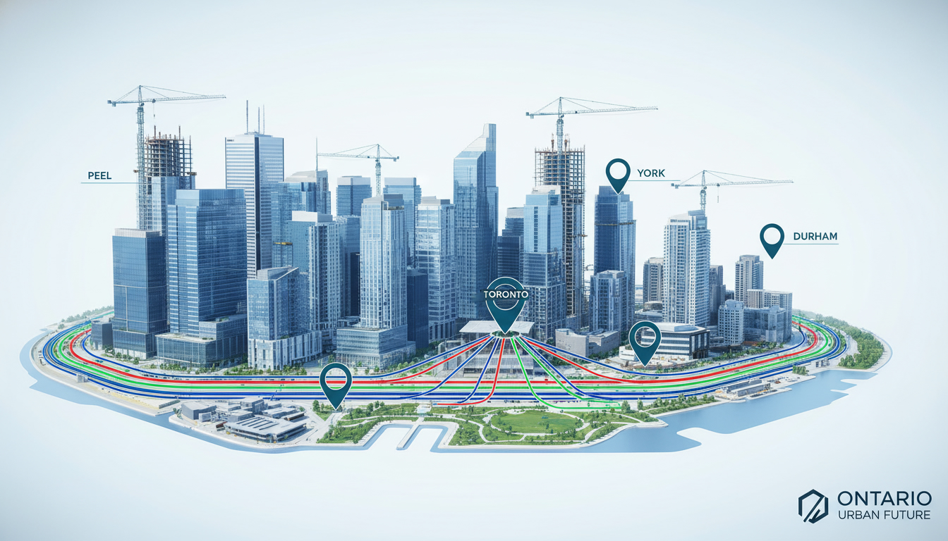 Ontario skyline with construction cranes, LRT and GO lines highlighted, map pins on Peel, York, Halton, Durham and Toronto